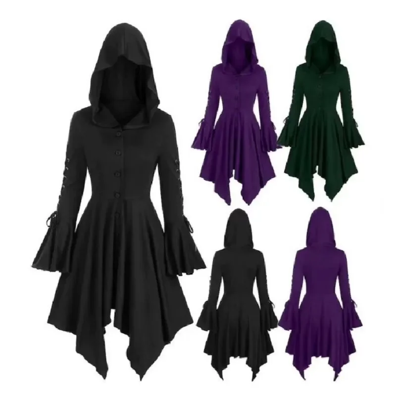 

Medieval Renaissance Vintage Cosplay Costumes Gothic Pirate Women Hooded Dresses Witch Cloak Clothing Carnival Dress Up Party