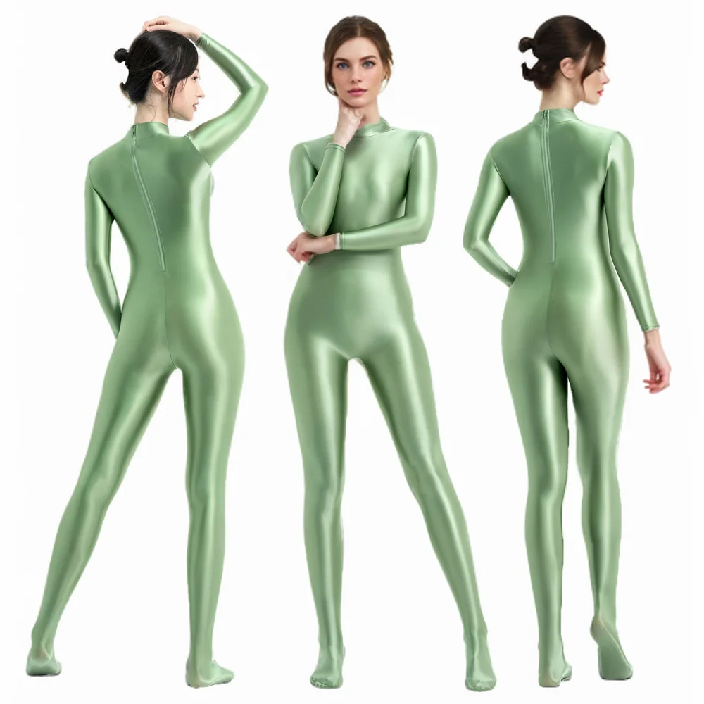 MJINM Women Shiny Glossy One Piece Jumpsuit High Neck Long Sleeve Zentai Suit Yoga Fitness Overalls Back Zipper Rompers Bodysuit