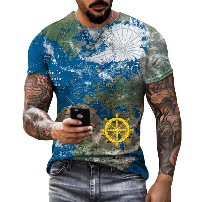 Camiseta Retro de verano con estampado 3d de brújula Mariner, Top de manga corta, ropa elástica de gran tamaño, sudadera de Fitness