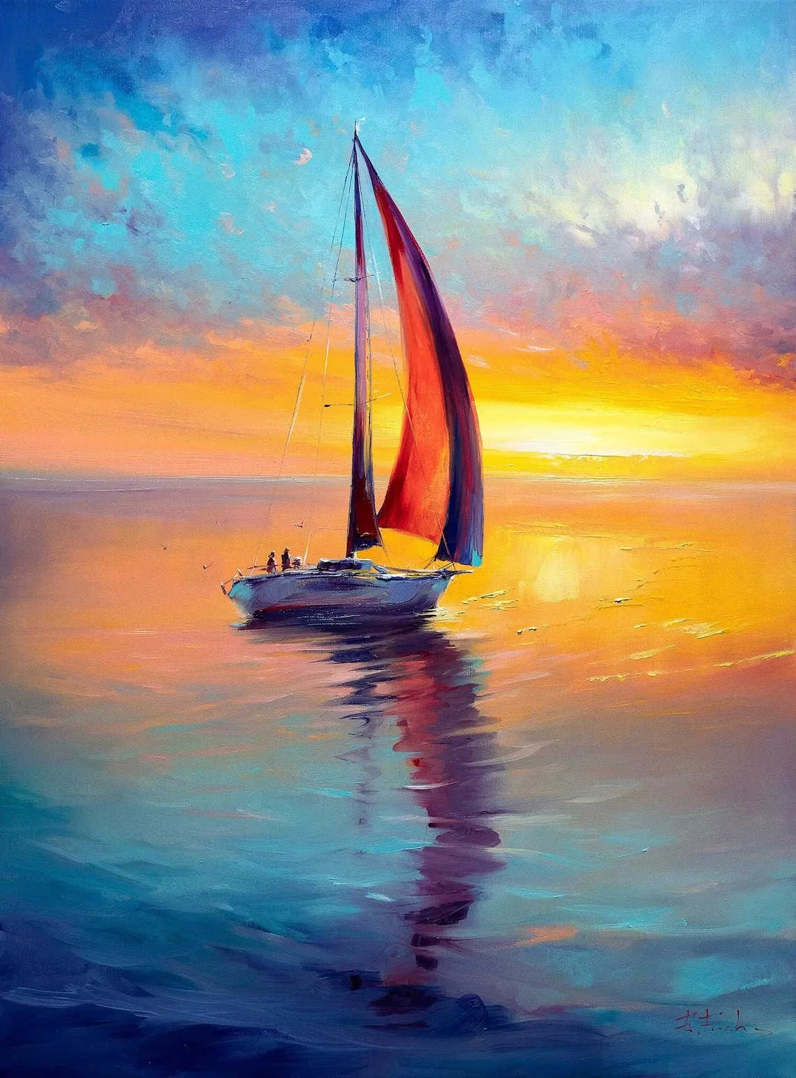 

Hand Painted Seascape Sailing Oil Painting Replica Red Sails Sunset Landscape Canvas Art Picture for Bathroom,Study Room Decor