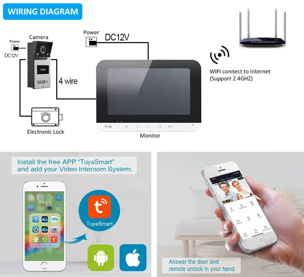 Tuya-Visiophone Intelligent avec Écran de 7 Pouces, Système d\'Interphone Vidéo avec Moniteur et Verrouillage, Caméra de Sonnette RFID, Nouveauté