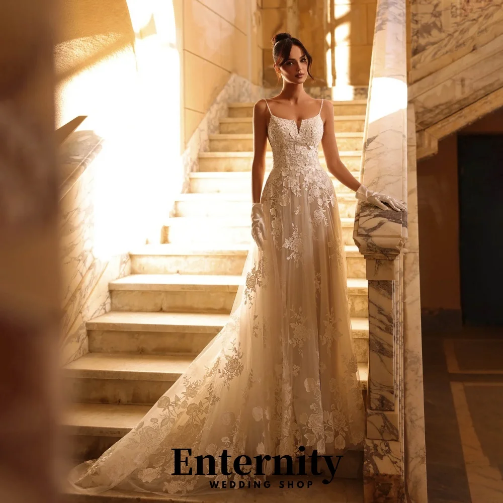 

Enternity Fashionable A-line Zipper Wedding Gown Sleeveless Court Train Bride Dress Lace Applique Vestido De Novia Customized
