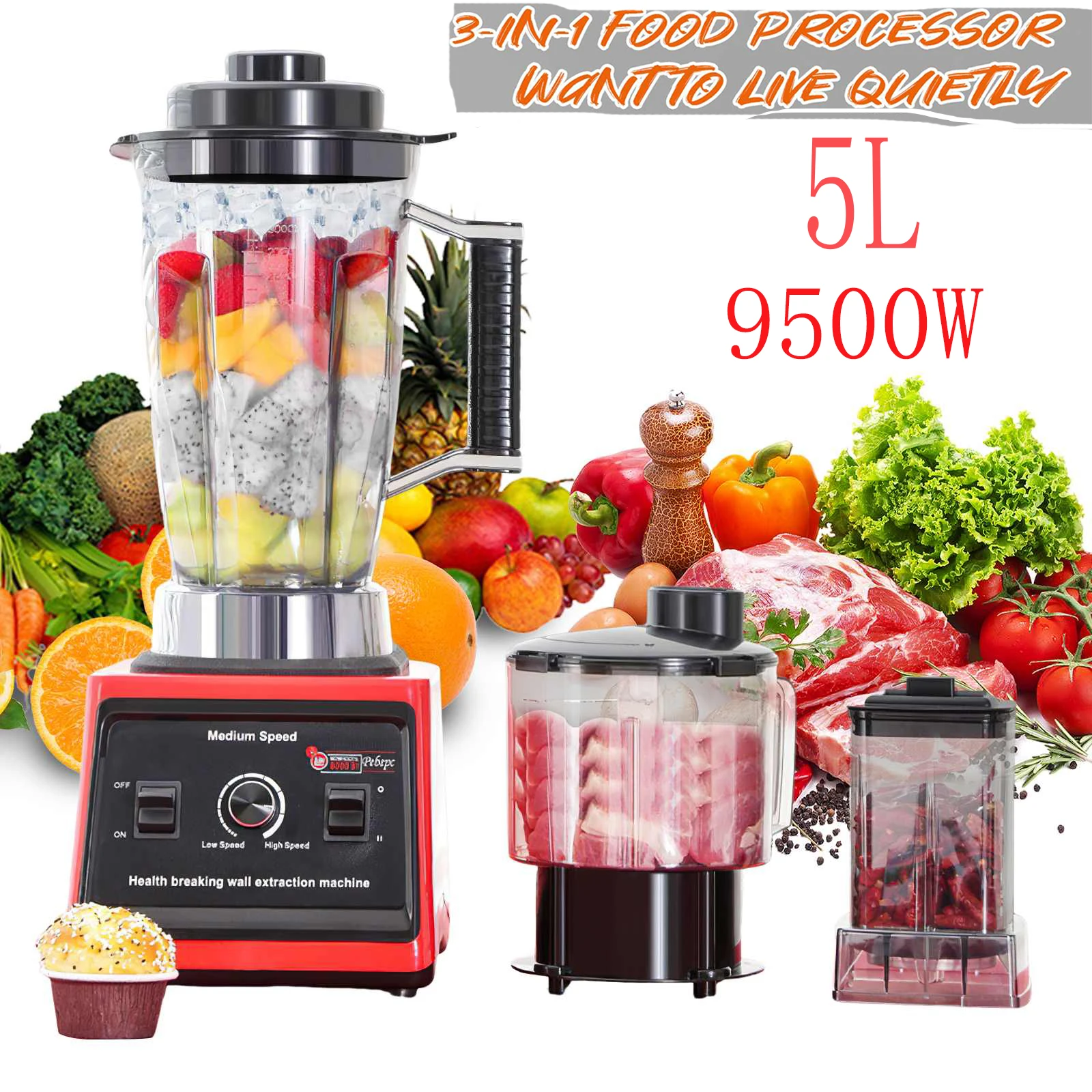 Mélangeur professionnel multifonction 9500W, 15 vitesses, 4 lames, 3 en 1, Machine à briser les murs, récipient de 5L, glace, noix, mélange de fruits, fort
