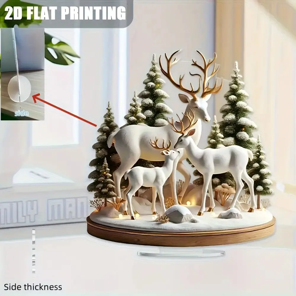 2D Flat 1pc Acrylic Decorative Ornament, Elegant Deer Tribe Winter Serene Forest Snowscape, Perfect Holiday Decor, with Base, No