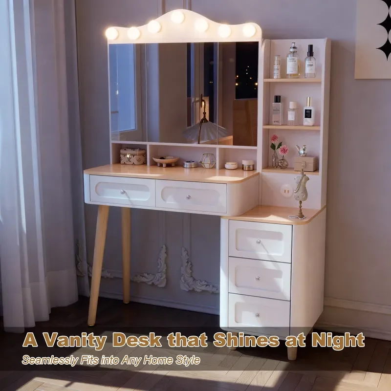 Lighted Wood Vanity Desk Foldable Three Sided Mirror Modes Dimmable Makeup Vanity USB Power Drawers Storage Cabinet for