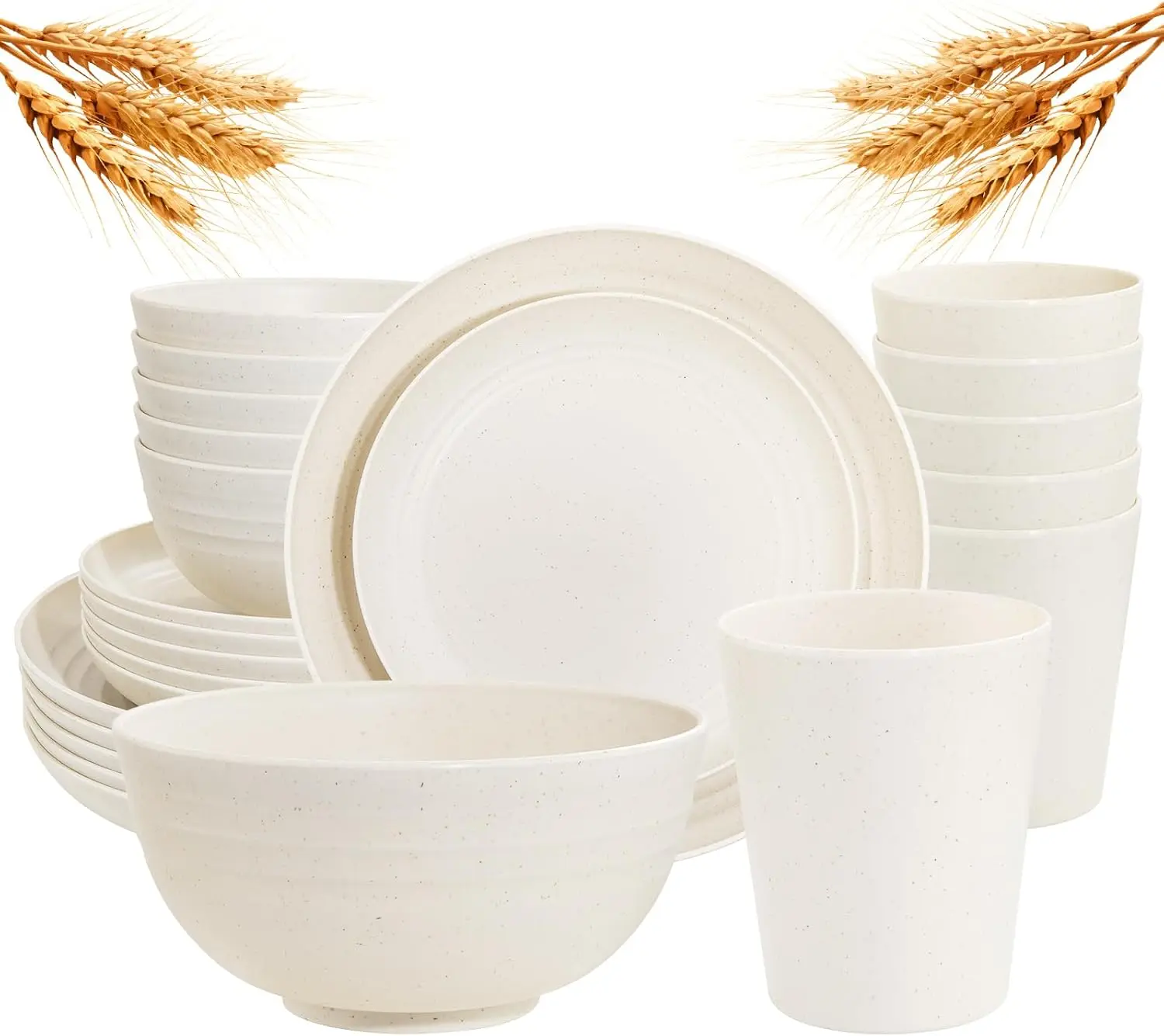 

24-Piece Wheat Straw Dinnerware Set, Unbreakable Reusable Plates Bowls Cups, Microwave Dishwasher Safe