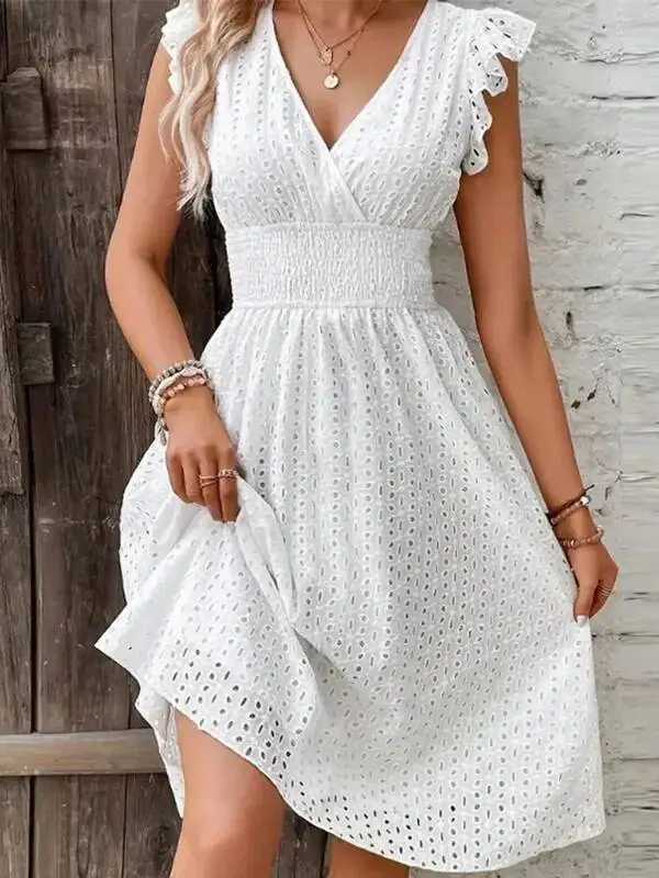 Summer Women V-Neck Beach Dress Flare Sleeve Solid Color Hollow Lace Waist Dress Casual Beach Holiday Dresses Casaul GQ5K