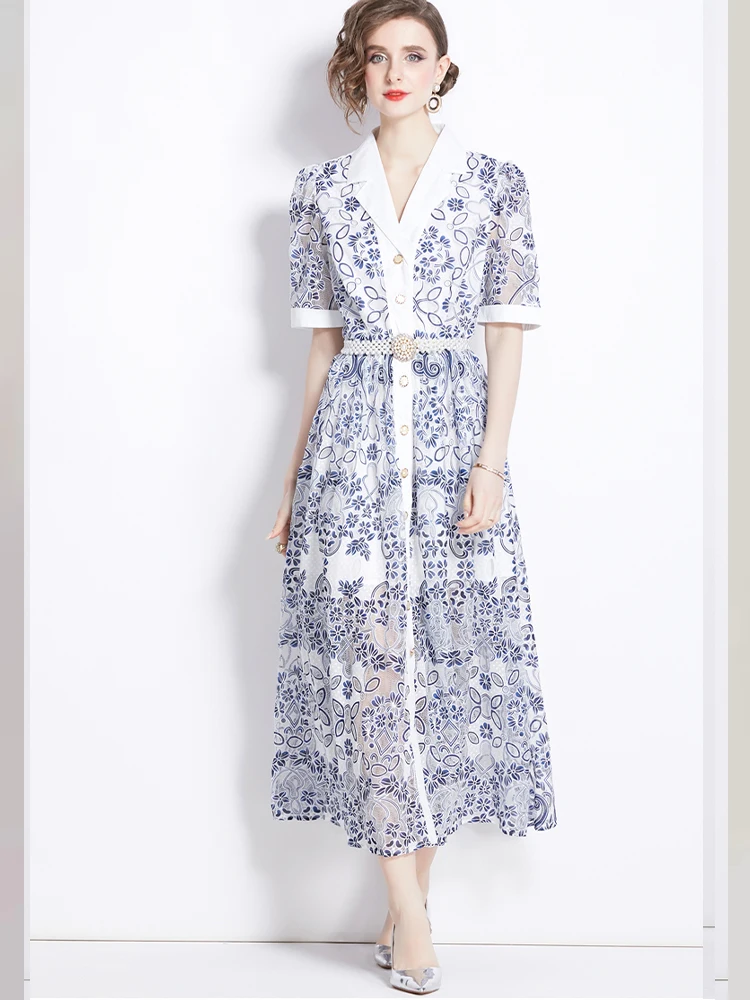 

Elegant Embroidered Lapel Short Sleeved Single Breasted Dress 2025 Summer New Fashionable Women'S Clothing