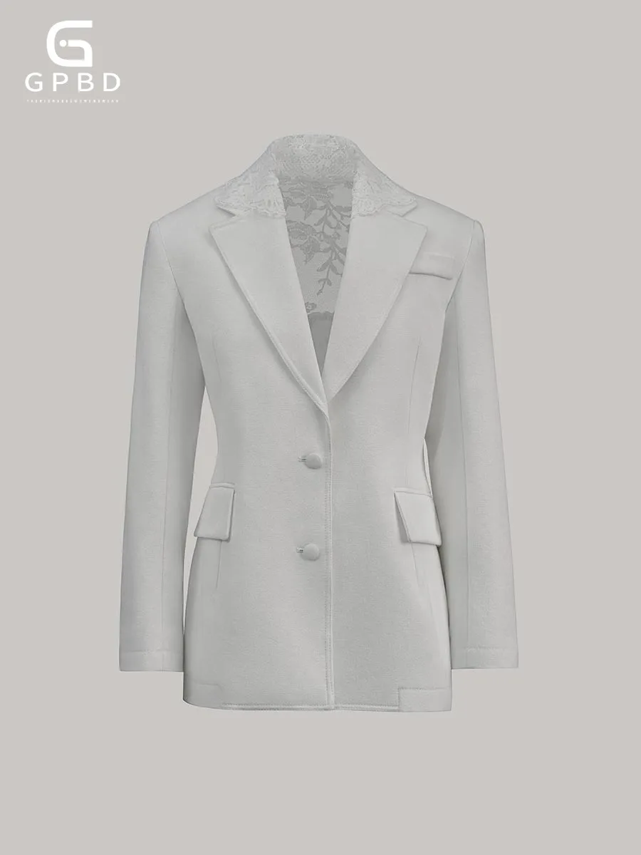 

Solid Spliced Lace Sheer Sexy Jacket for Women Lapel Long Sleeve Slimming Patchwork Lace Up Jackets Female Fashion