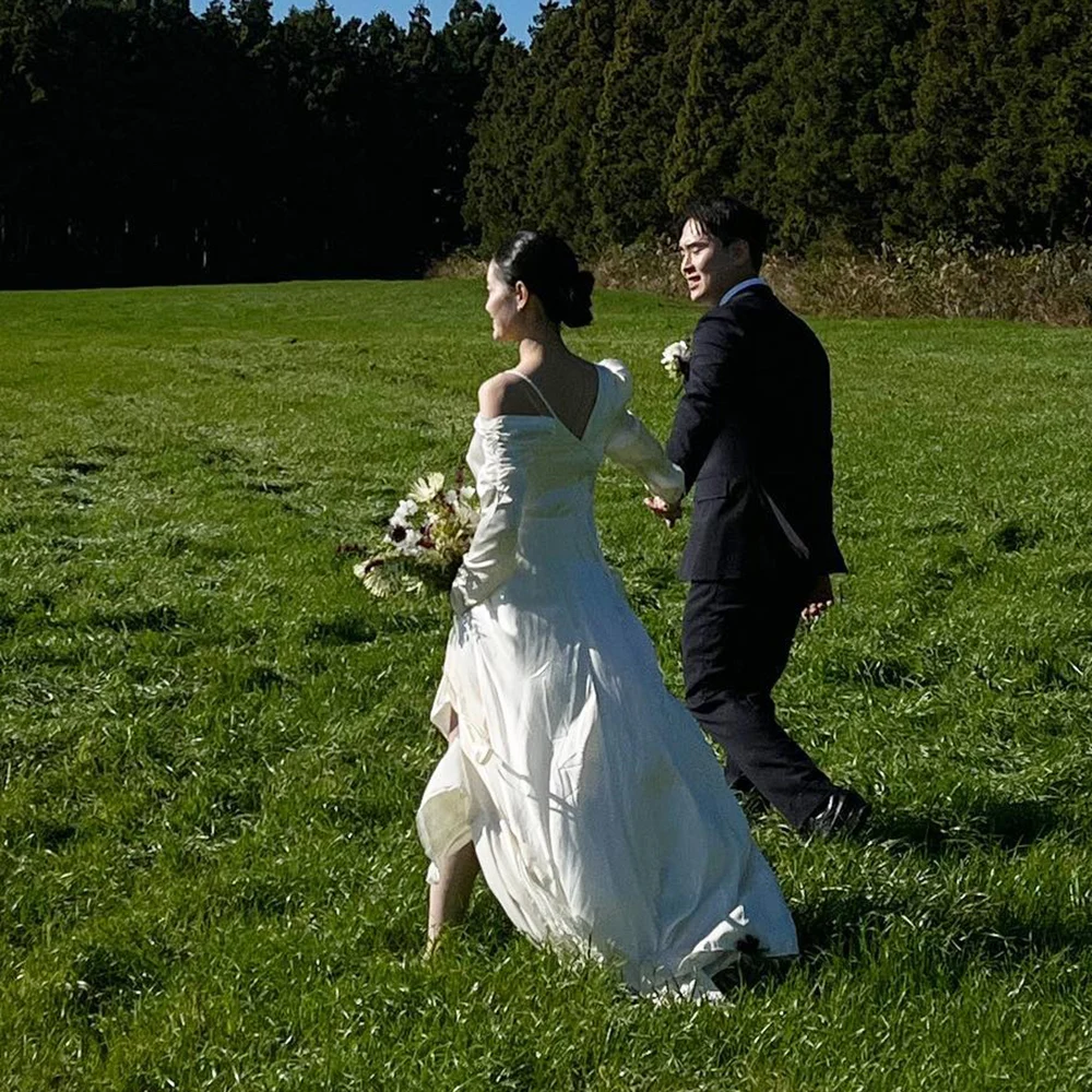 GIOIO-vestidos de novia formales de lujo para mujer, vestidos de novia blancos plisados de manga corta, largos hasta el suelo, elegantes vestidos de fiesta