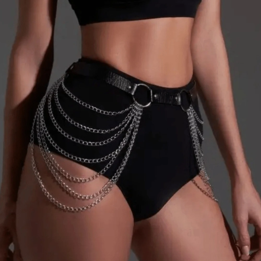 Damenmode-Gürtel aus PU-Leder, Gothic-Gürtel mit mehrschichtiger Kette, Punk-verstellbarer Gürtel, geeignet für Kleider, Partys oder den täglichen Gebrauch