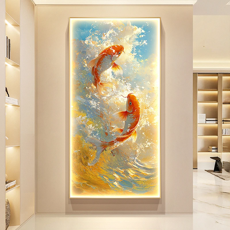 

Golden waves entrance hall LED wall lamp, lucky carp corridor passageway hanging picture, 2025 new model entrance door with ligh