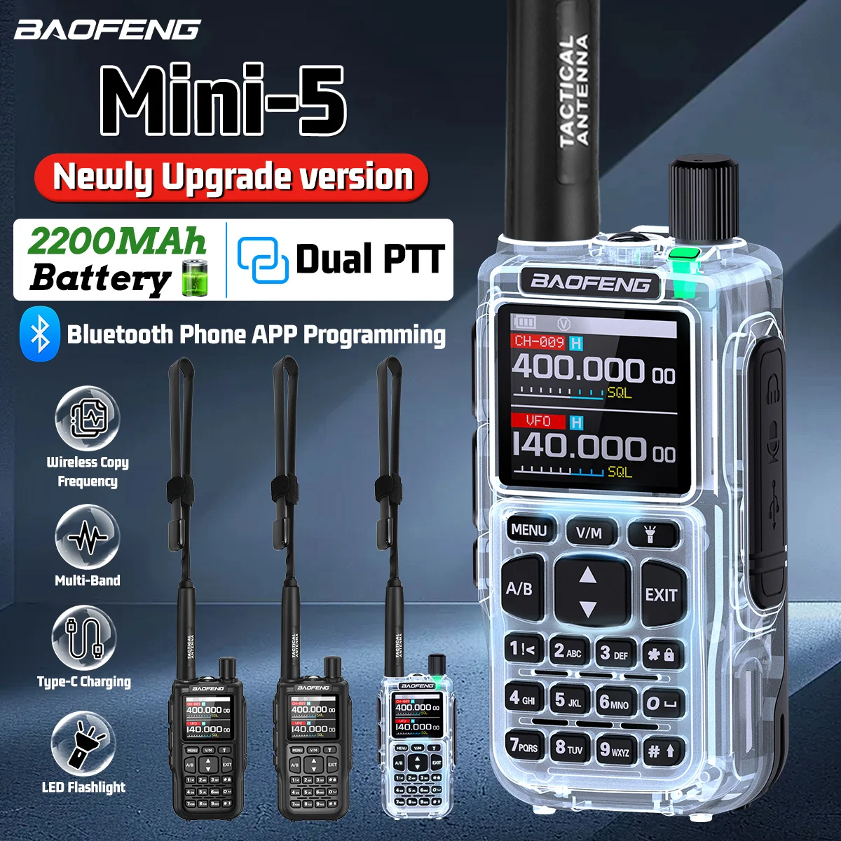 

Рация BAOFENG Mini 5 (обновленная версия UV-5R Mini) с AM/FM, многодиапазонная, аккумулятор 2200 мАч, Bluetooth-программирование, зарядка Type-C, любительская радиостанция