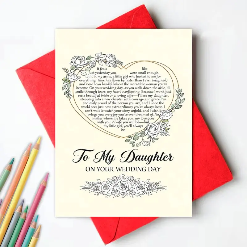 Wedding greeting card, suitable for newlyweds to their daughters - heart-shaped flower border testimonial greeting card with envelope, wedding congratulations greeting card, suitable for Mother's Day, Father's Day, gifts from parents to bride and daughter