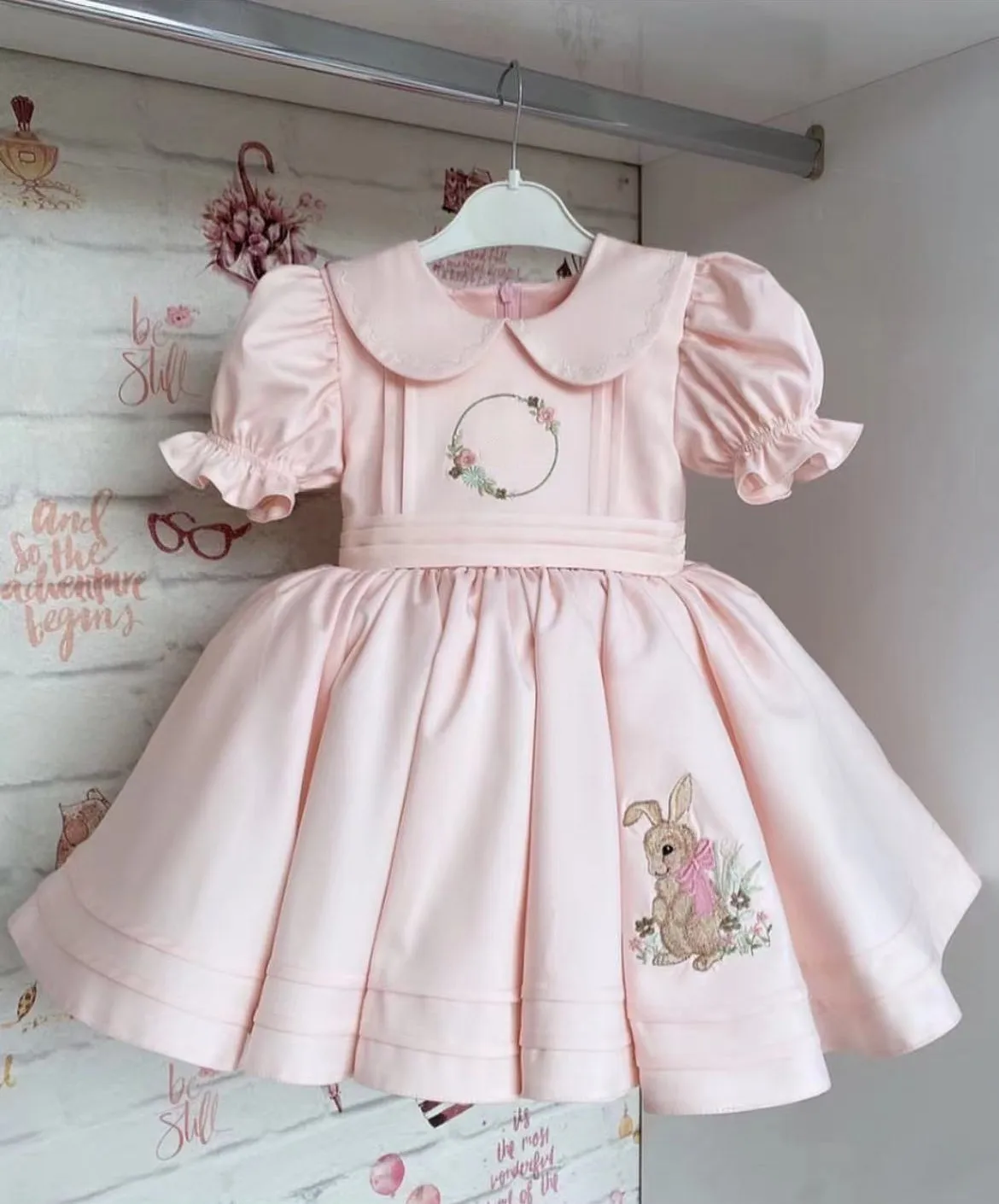 0-12Y Baby Girl Summer Pink Rabbit Embroidery Turkish Vintage Lolita Princess Ball Gown Dress for Birthday Holiday Casual Eid