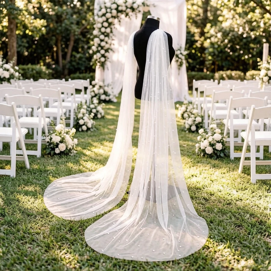 Elegant Bridal Wings Veil Pearls Beaded Wedding Veil Removable Sleeve Bride Shoulders Cover Shawl Bride Accessories Party Bolero