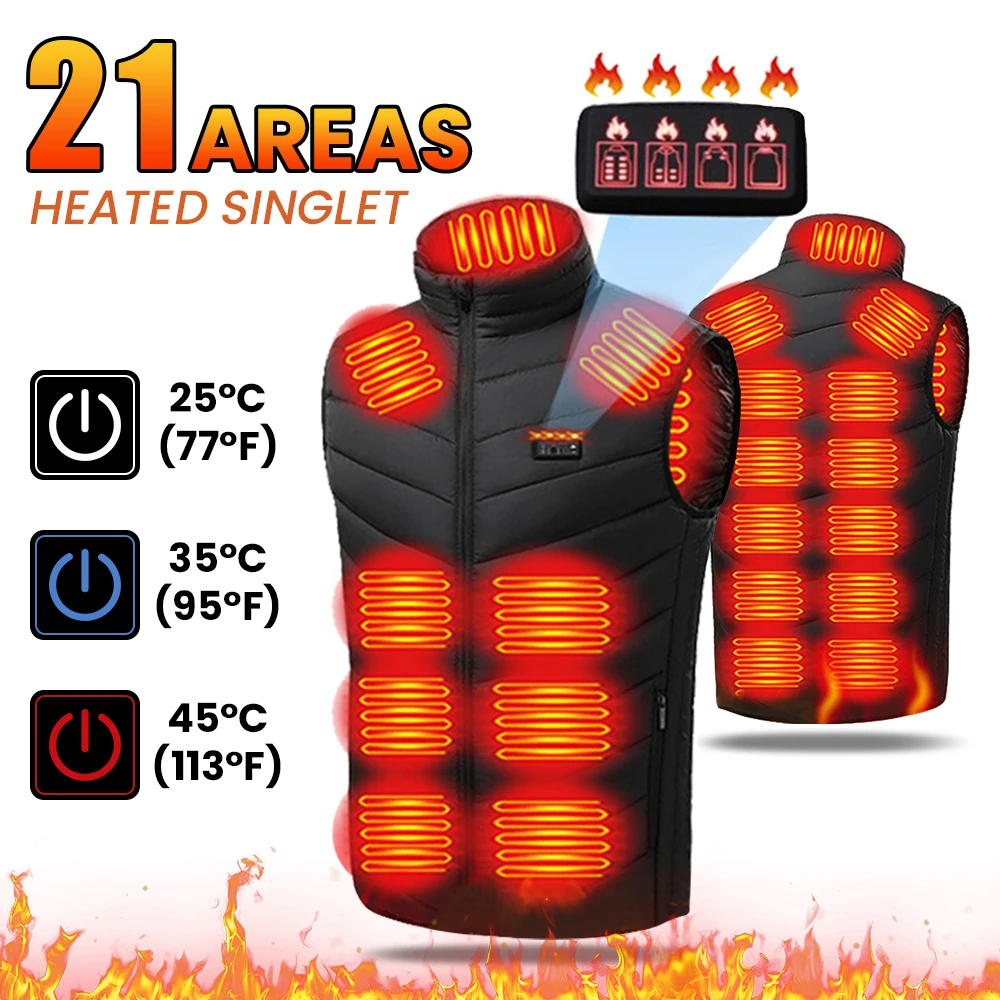 21 Zone Heated Vest Jacket For Men Winter USB Smart Electric Sleeveless Jacket self-Heating Clothes Winter Snow Warm Cotton Coat