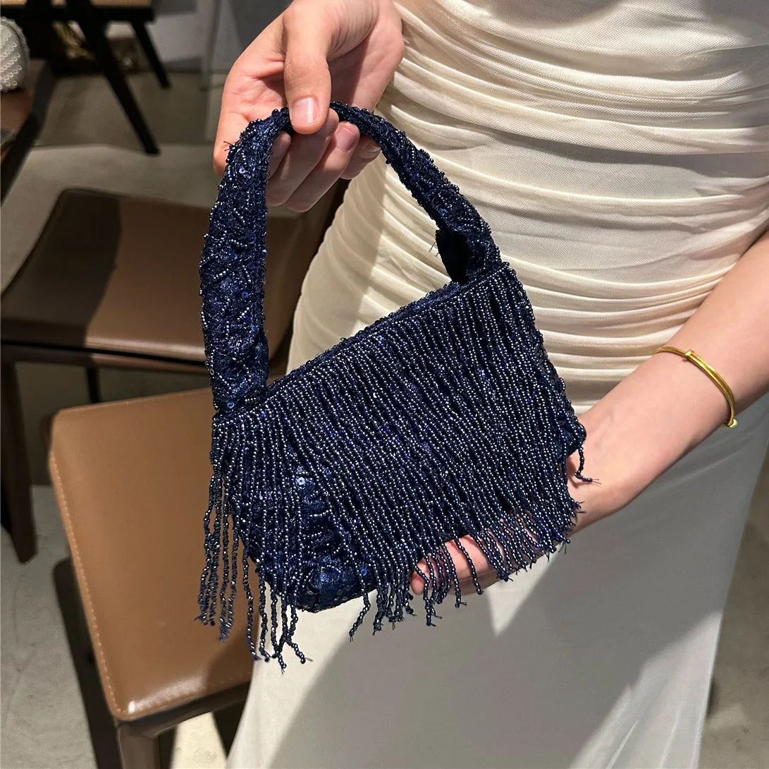 

Винтажные сумки ручной работы из бисера для женщин, французская мода, элегантная банкетная сумка с блестками, классический роскошный дизайн, женский кошелек с кисточками
