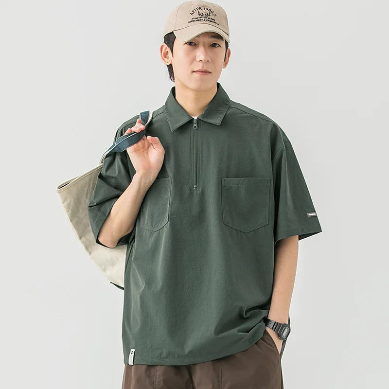 Japanese Turndown Collar Half-zip Short Sleeved T-shirt for Men's 2026 Summer New Style Men's Simple Pocket Casual Loose T-shirt