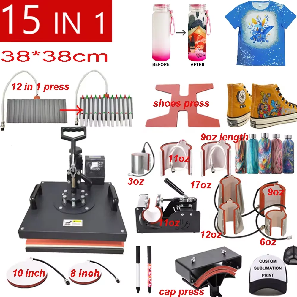 15 in 1 Combo 38*38 cm Sublimation Heat Press Machine Semi-Automatic for Custom Hat Mug T-shirt Pen Phone Case Shoes Printing