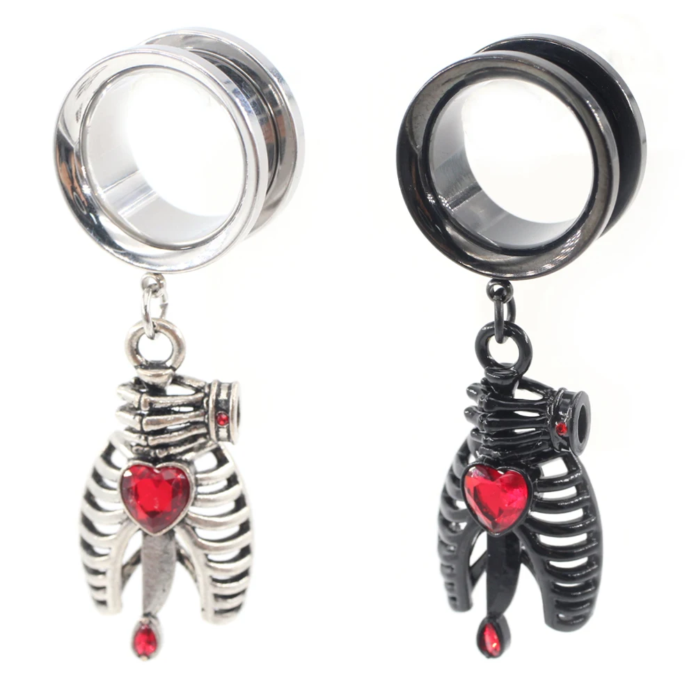 1PC Stainless Steel Skeleton Skull Hand Knife Heart Red Zircon Ear Gauges Tunnel Plugs Expander Stretcher Piercing Body Jewelry