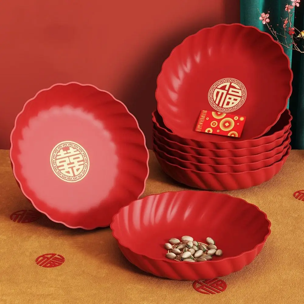 Red Wedding Snack Tray Round Plastic Chinese New Year Nut Plate Chinese Traditional Thickened Serving Tray Entertainment