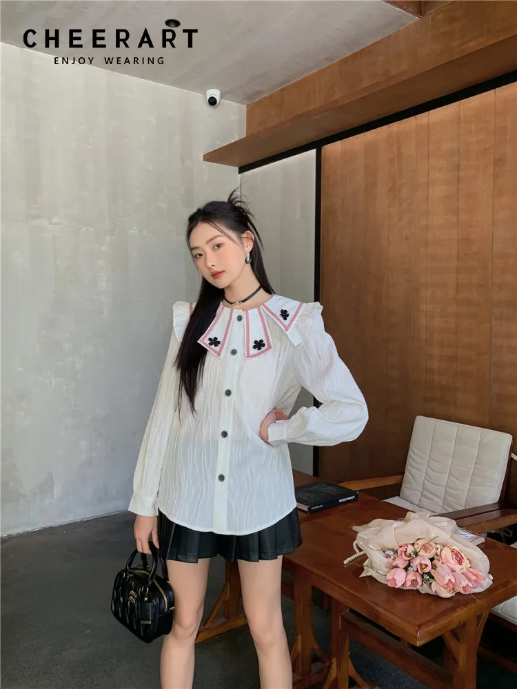 

CHEERART Puff Sleeve Ruffles White Long Sleeve Button Up Shirt For Women Cute Korean Fashion Kawaii Designer Top Clothing