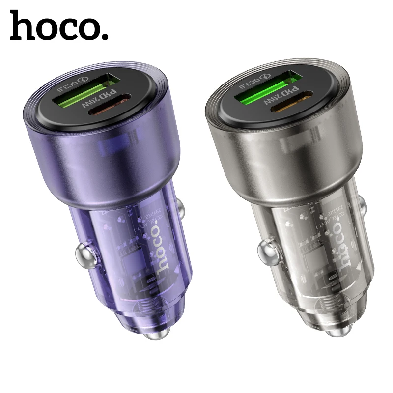 

HOCO Z52 Transparent PD USB C Car Charger 20W Fast Charging For iPhone 13 12 Pro Max Mini USB A 18W QC3.0 Charger Adapter in Car