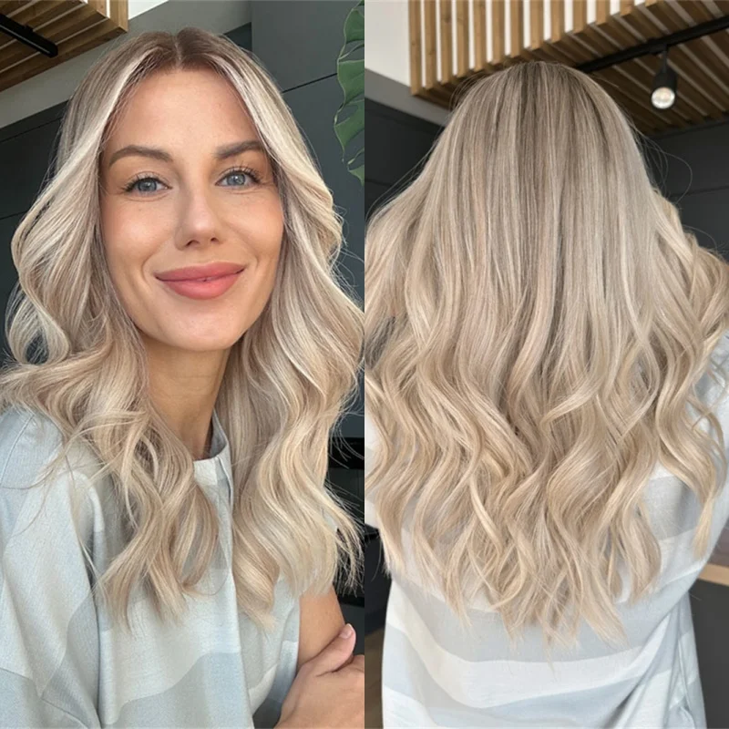 Middle Part Ombre Creamy Platinum Blonde Highlight Wig with Roots High Quality Synthetic HD Lace Front Wig Small/Large Size Cap