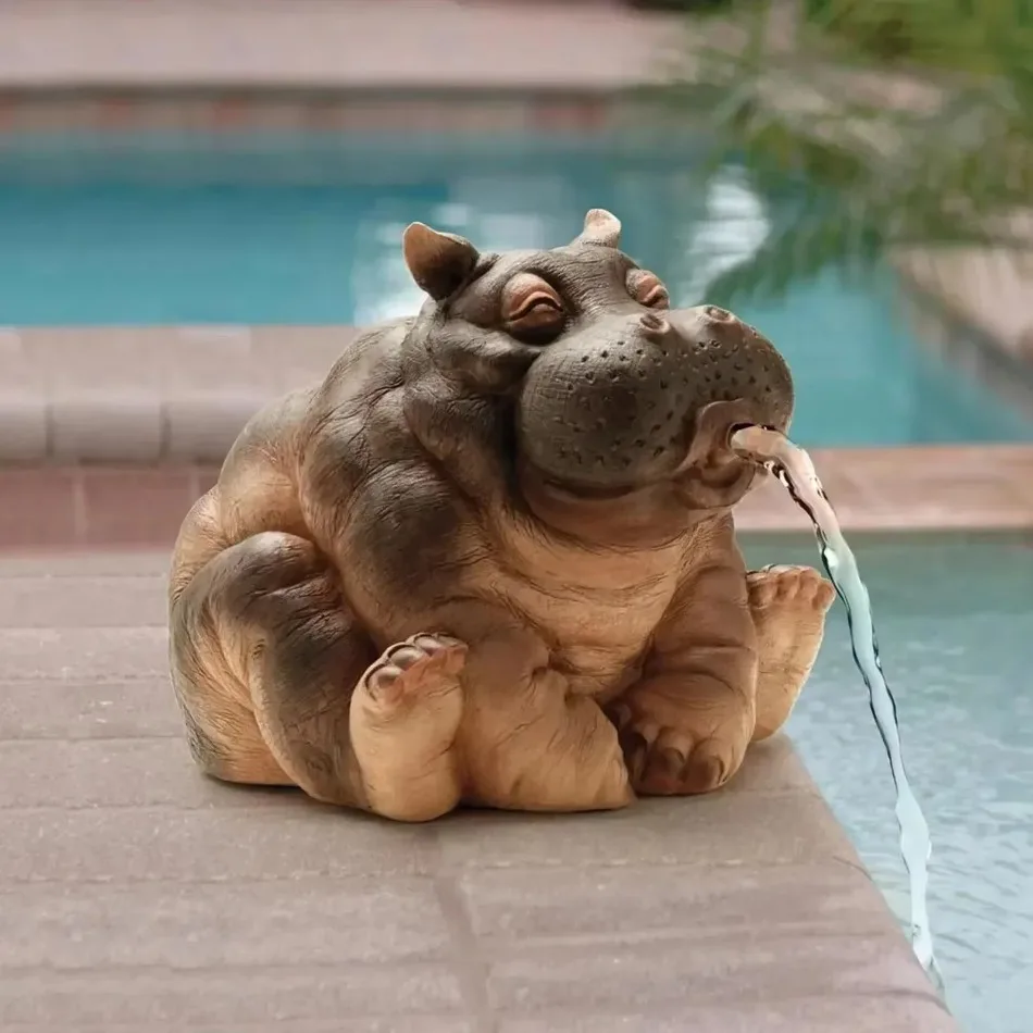 Hanna The Hippo Resin Garden Fountain 10 Inch Full Color African Decor Piped Pond Spitter Water Feature Statue