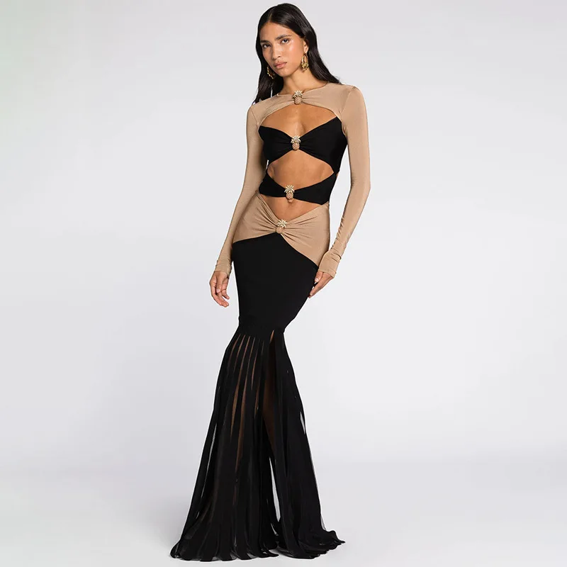 

Sexy high-end double-match color dew navel decorative pineapple diamond pendulum dress, long fashion, simple temperament, elegan