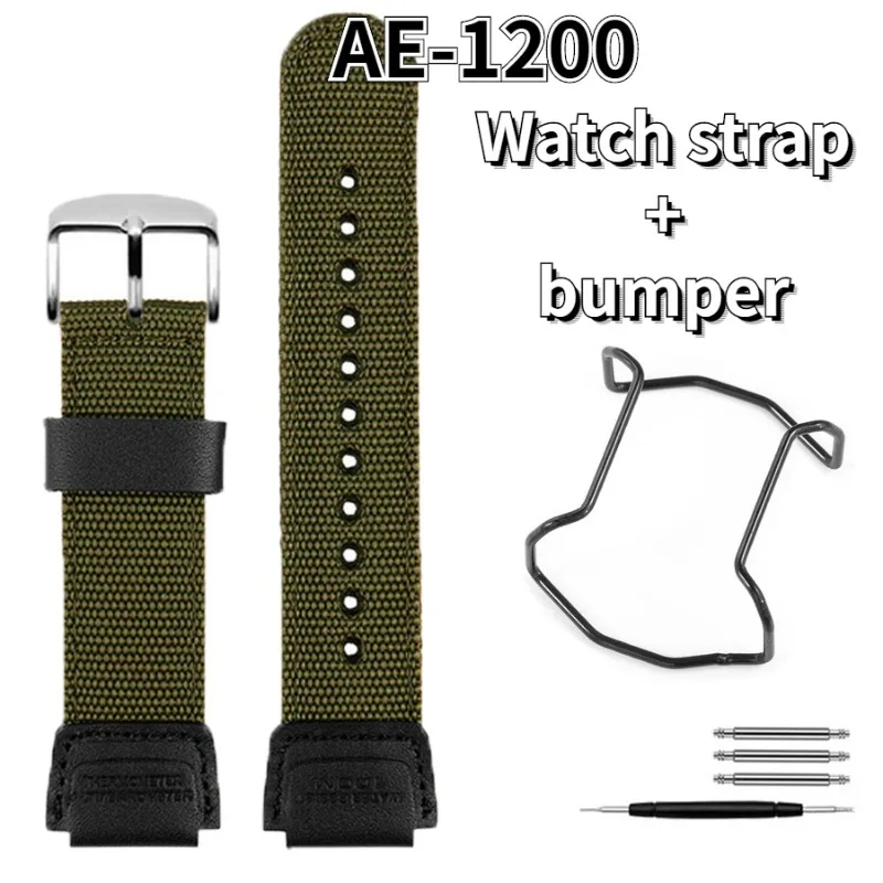 Suitable for Casio watch AE-1200 canvas nylon strap+stainless steel watch guard (protective strip) waterproof sports strap