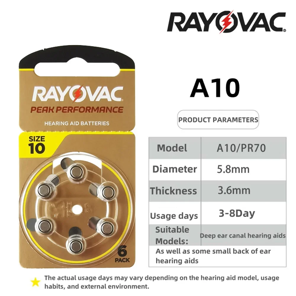 6-60Pcs Hearing Aid Batteries A10 ZA10 10A P10 PR70 Rayovac Peak High Performance Zinc Air Battery For Mini Digital Hearing Aid