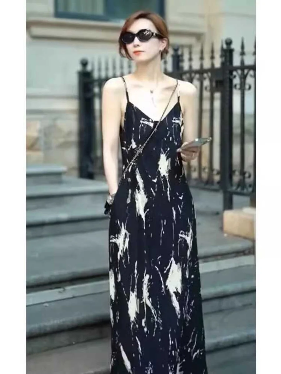 Beach Vaion Long Dr. Bla Ink Print ter Ne Gown Damen Sommer Hohe Taille A-Linie Rock V-Ne Svel Maxi Dr