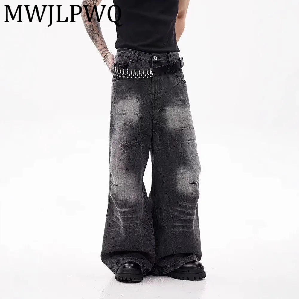 

MWJLPWQ Men's Washed Texture Wrinkle Wide-Leg Jeans Unisex High Street Trendy Loose Black Gray Straight Pants 2025 Autumn 11940