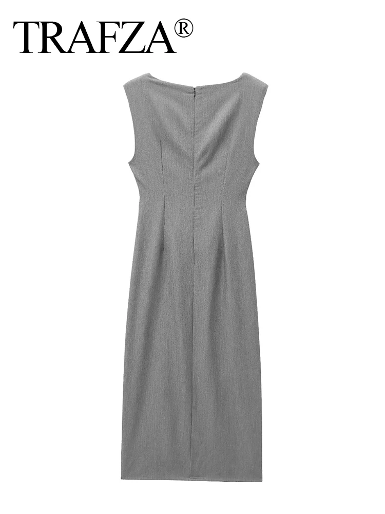 TRAFZA Women Sexy Elegant Waist Pleated Long Dress Female Fashion Zipper Hem Slit Slim High Street Casual Sleeveless Dress Mujer image 3