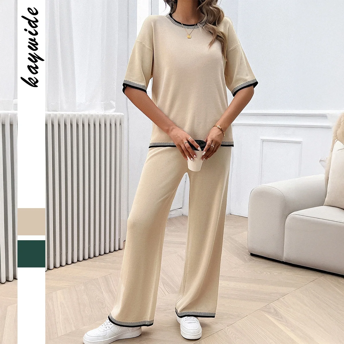 

Casual Summer Vaion Sle Women's Straight Leg Pants Set Simple ort Sve Top Bot Ensemble Faionable Ele