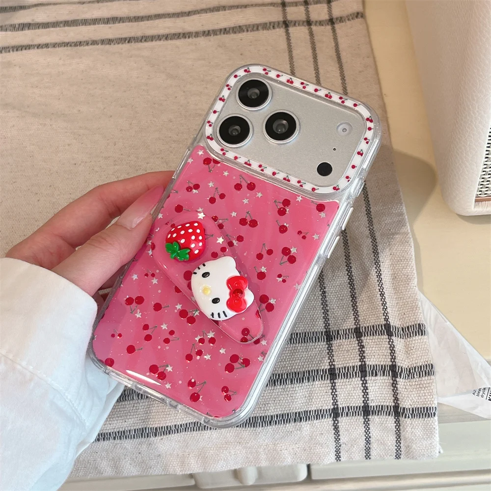 

Korean Glitter Cute Cherry Phone Case for iPhone 15 Pro 14 13 17 Max 16 Pro Max Funda With Strawberry HelloKitty Stand Cover