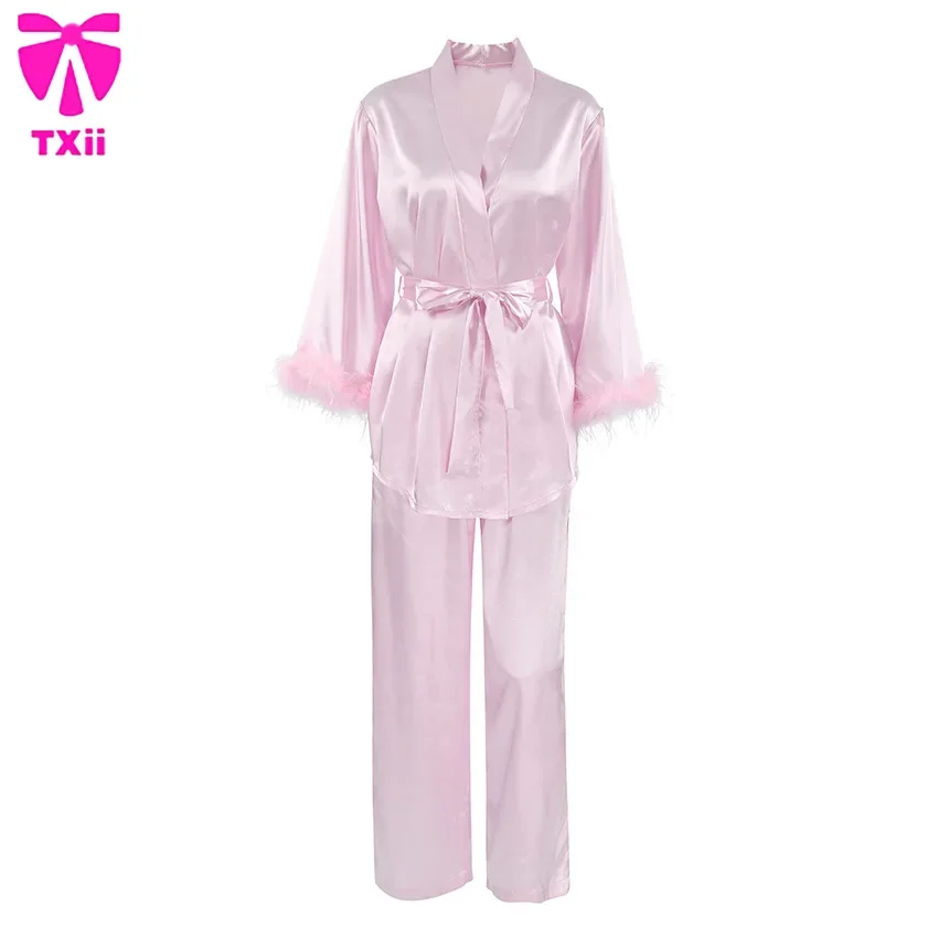 TXii 2024 Autumn pink imitation silk cardigan with lace up feathers women\'s home clothes long sleeved pants pajama set