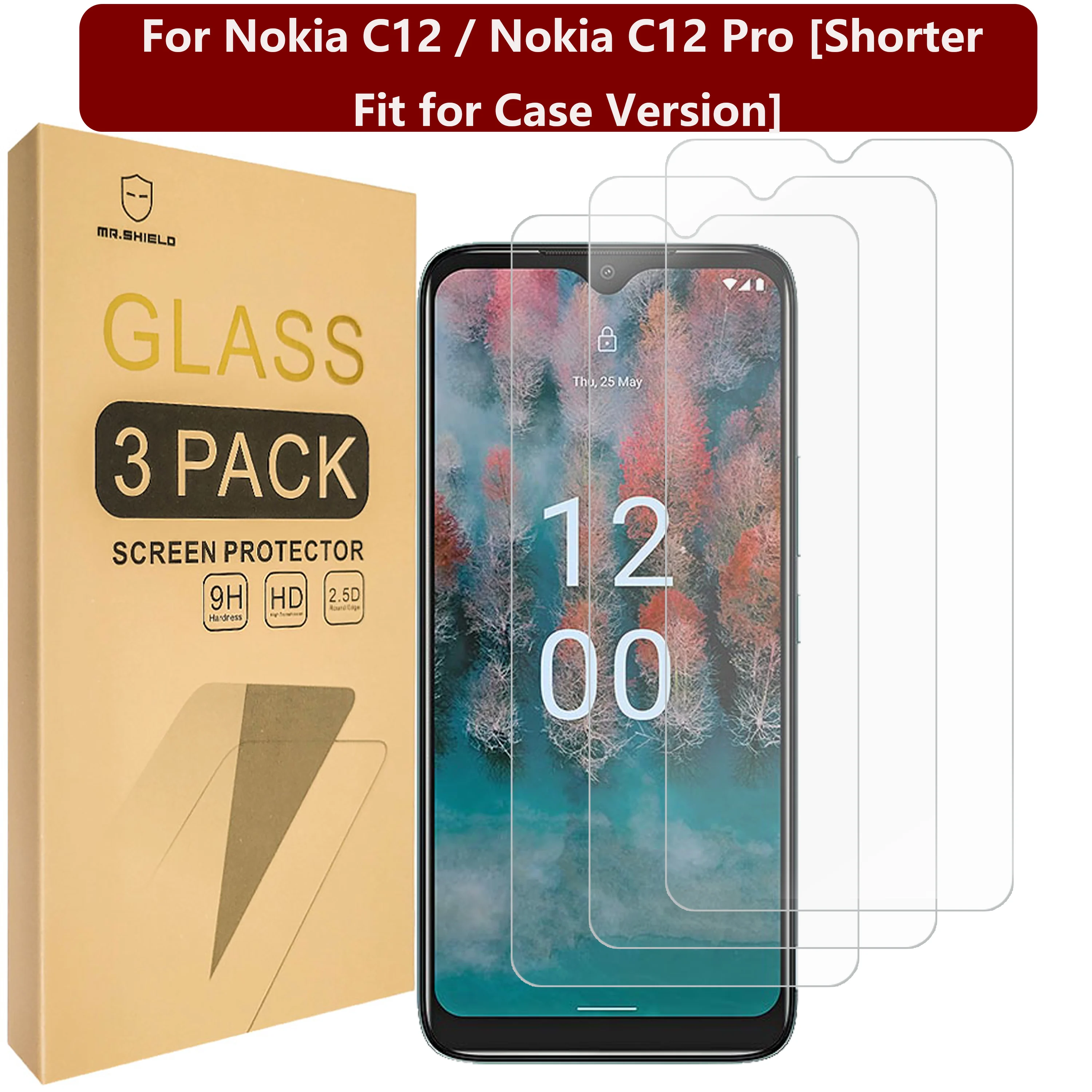 Mr.Shield Screen Protector compatible with Nokia C12 / Nokia C12 Pro/Nokia C12 Plus [Shorter Fit for Case Version]