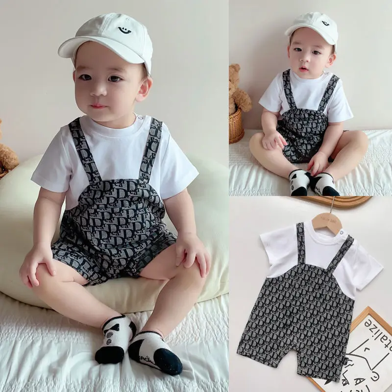 Baby Summer Clothing Short Sleeve Fake Two-piece Strap Onesie Boys Romper Girls Newborn Baby One Piece Jumpsuits