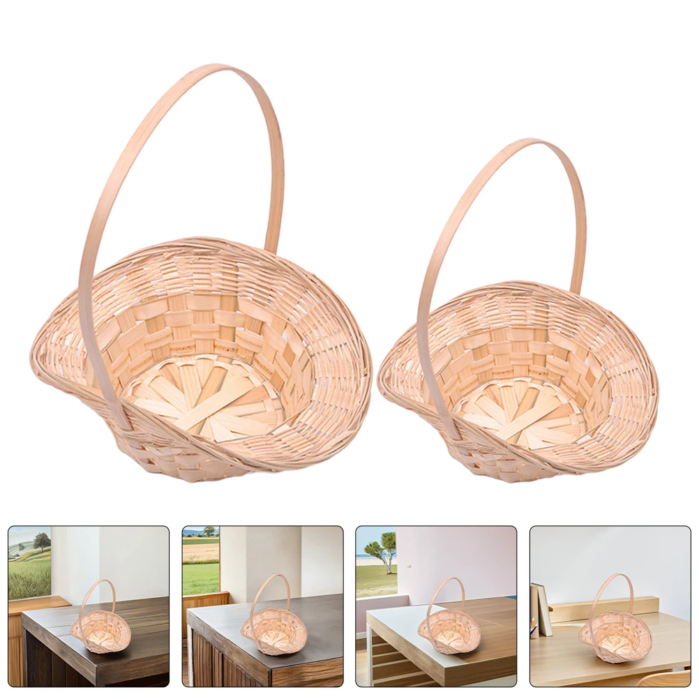 

2pcs Bamboo Woven Baskets Handwoven Wedding Flower Girl Basket With Handles Easter Eggs Candy Fruits Container For Garden Picnic