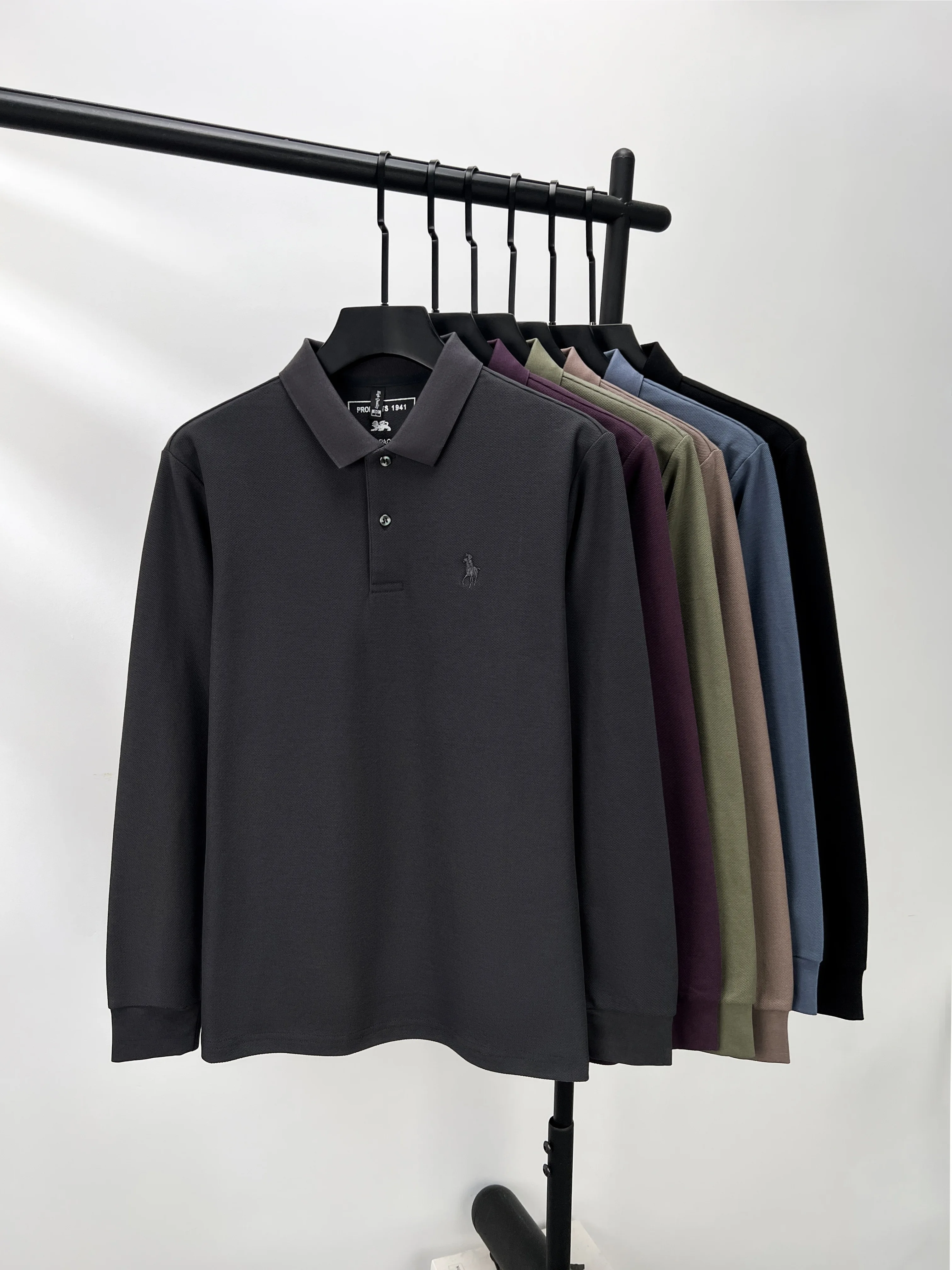 100% pure cotton long sleeved men's polo shirt autumn new item custom pony embroidery Korean version golf soft casual T-shirt