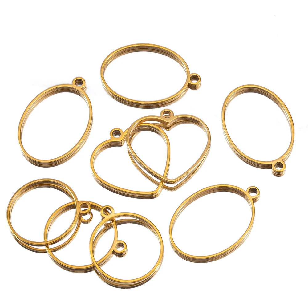 5pcs Hollow Geometric Stainless Steel Heart Oval Round Frame Blank Bezel DIY Earrings Pendant Base Charm Necklace Jewelry Making