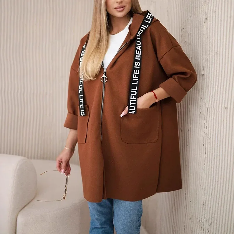 

Autumn Winter Elegant Zipper Hooded Coats Women Fashion Letter Splicing Woolen Jacket Casual Long Sleeve Pocket Loose Outercoat