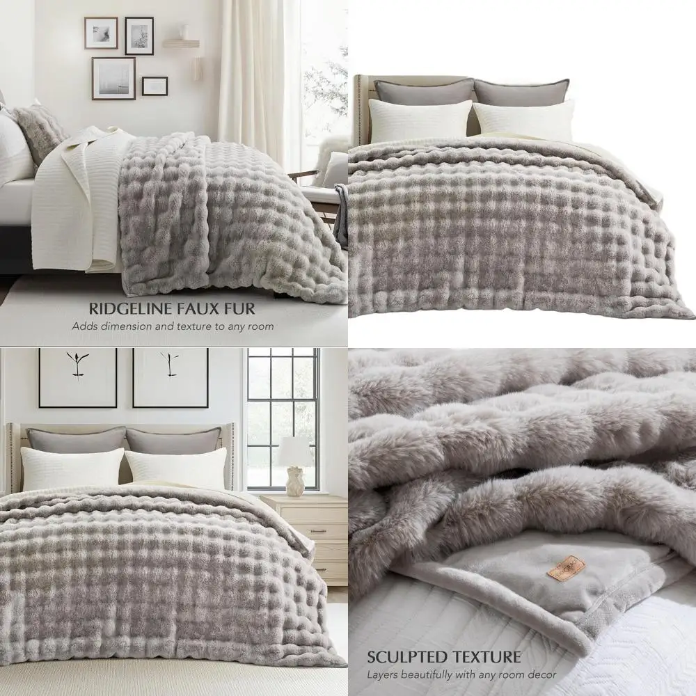 

Cozy Plush Faux Rabbit Fur Throw Blanket, 80x90, Warm Bubble Design for Bed, Couch, Chair, Taupe