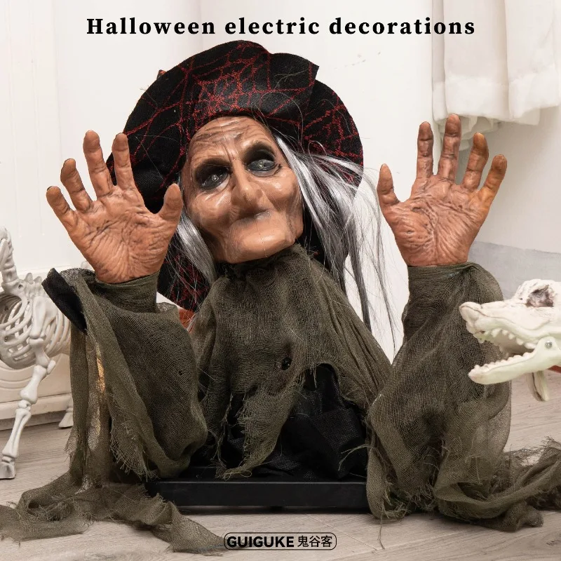 Halloween bust swing old witch ghost garden ornament electric induction luminous sound horror atmosphere ornament