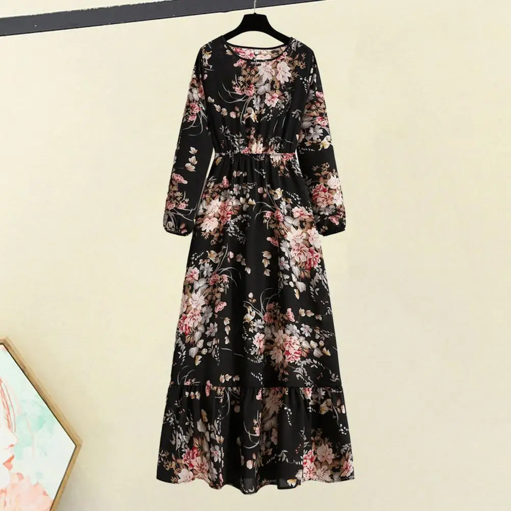 Floral Print Women Dress Floral Print A-line Dress Women's O-neck Long Sleeve Maxi Dress with Elastic High Waist Loose Hem for A