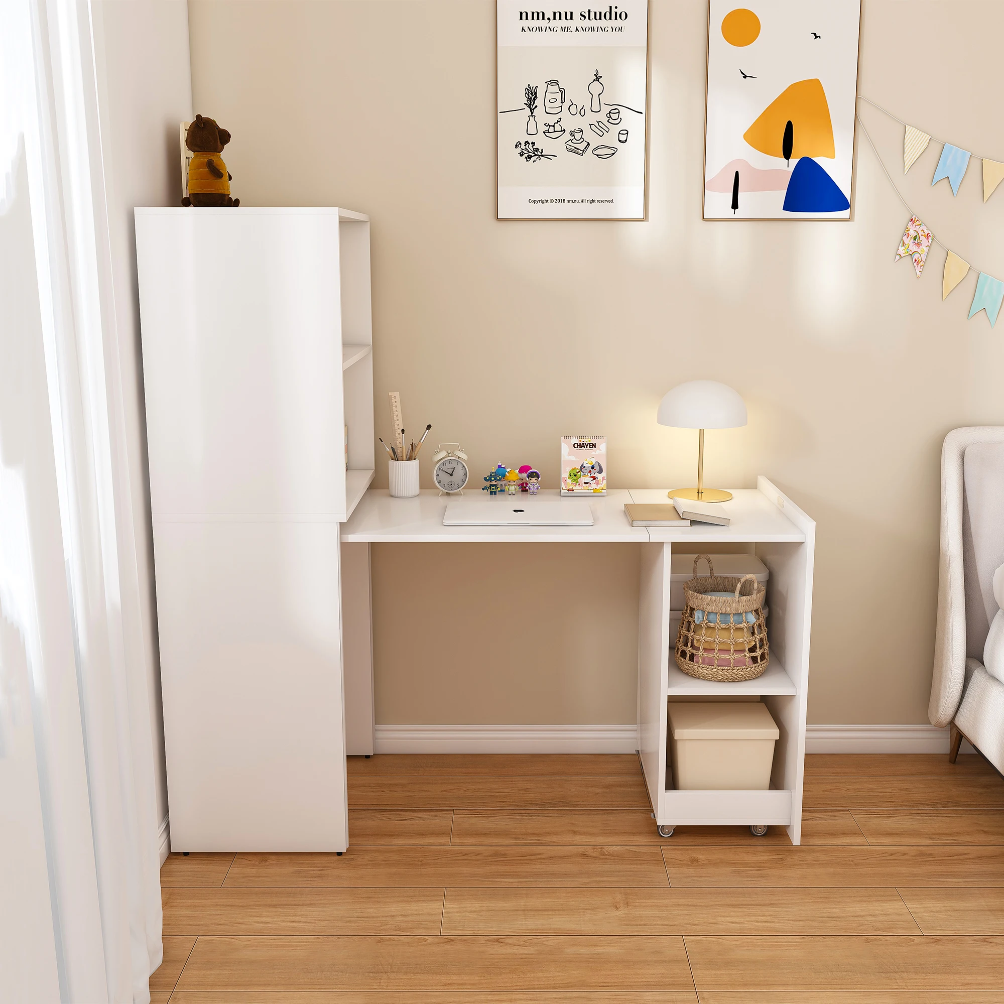 Stretchable Folding Desk with Storage Shelves and Wheels, Expandable 15.7