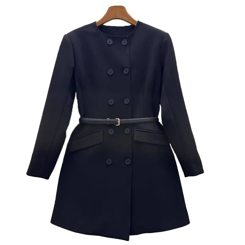 EAEOVNI 2025 Cappotto blazer da donna alla moda nuovo O Collo Cintura con design a doppio bottone Giacca nera Capispalla Autunno Abbigliamento elegante